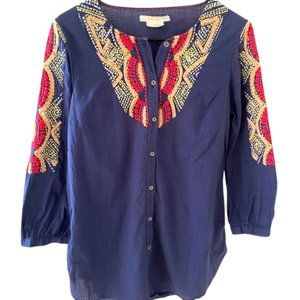 Navy Button Down Top with Design